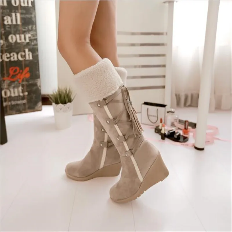 

ELGEER 2018 Winter Women New Fashion Wedges Mid-Calf Boots Casual Shoes Sweet Casual Lace-up Snow Boots Plus Size 34-43 XDA023