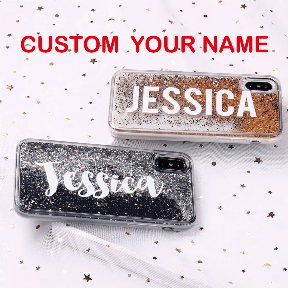 

Liquid Glitter Sparkle Silver Rose Gold Name Text Soft Phone Case For iPhone 6 6S XS Max 7 7Plus 8 8Plus X Personalized Custom