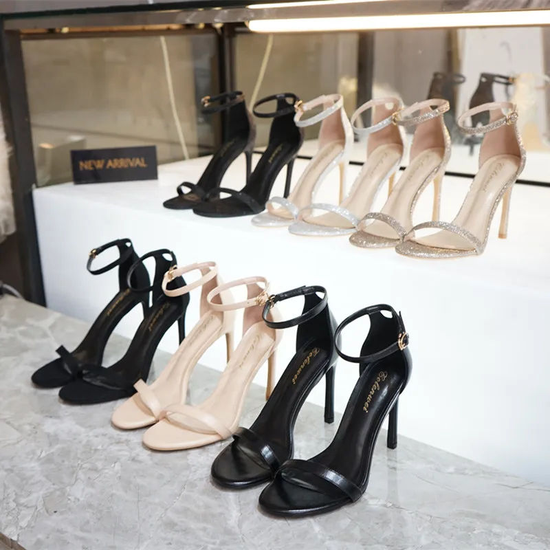 

Classic Women Sandals Open Toe Fashion Lady Summer Shoes Thin Heels Ankle Strap Bling Sandal for Daily Evening Party Trendy Shoe