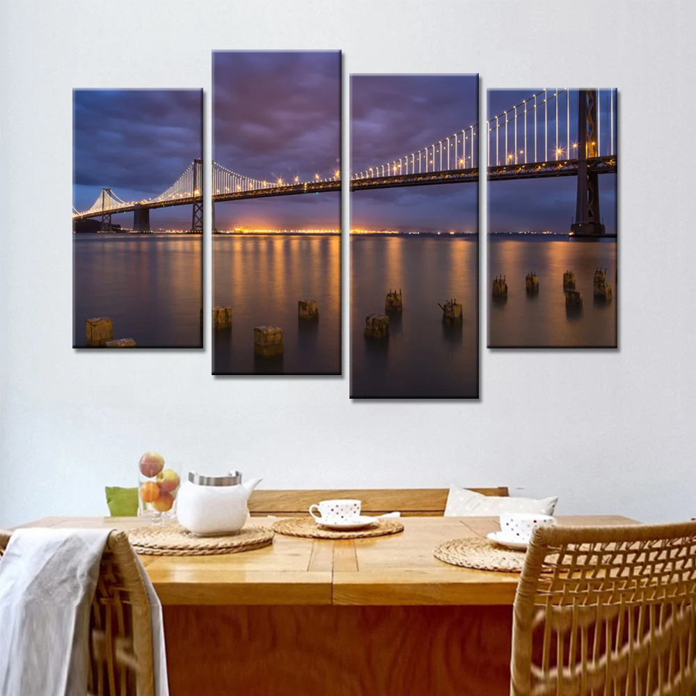 4 Pieces Mordern Wall Picture Canvas Painting Colorful Bridge Painting