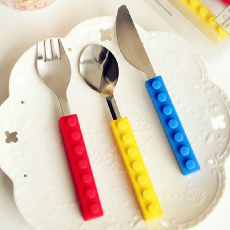

Lego Shape Silicone Stainless Steel Dinnerware Set Cutlery Fork Knife Scoops Set Travel Kids Adult Utensils for Easter Party