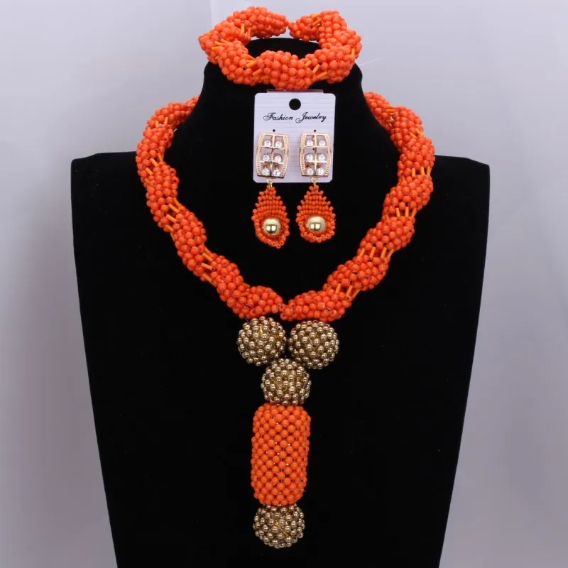 Классические африканские Дубай Свадебные бусы ювелирный набор оранжевые Рождественские подарки ювелирные изделия ожерелья серьги браслеты шарики ювелирные изделия