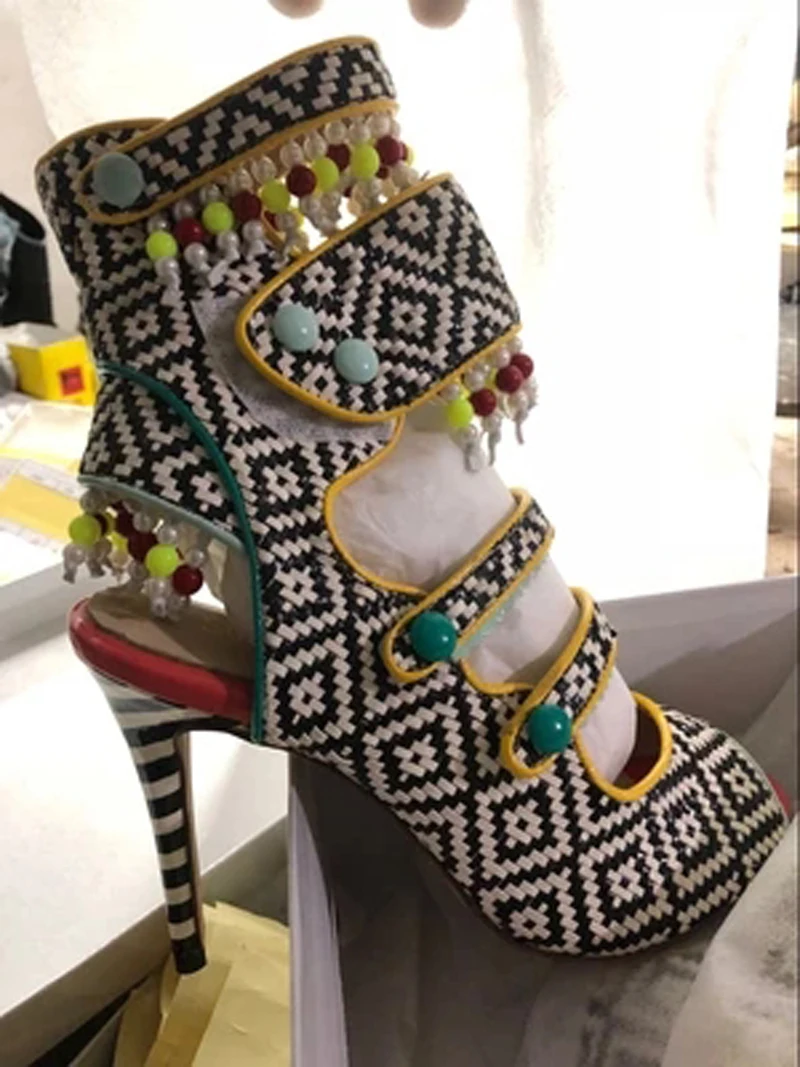 Mélangées Peep 2 Géométrique 1 color Chaussures Sexy Gland Color En Couleurs Dames Perles Toe Cuir Parti Femmes Talons Sandales Bottes Multi Hauts Tressé 0BqS5Stw