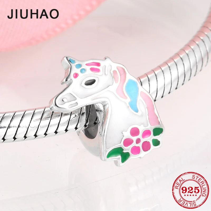 

Hot 925 Sterling Silver Pink Gorgeous Unicorn Enamel Stopper Spacer Beads Fit Original Pandora Charm Bracelet Jewelry making