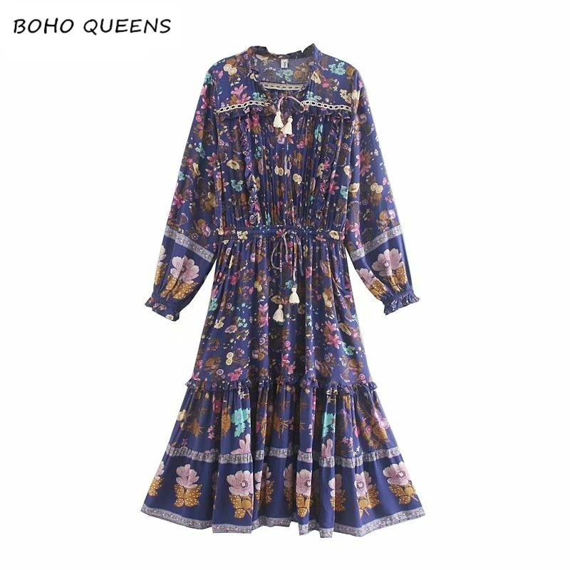 

Boho Chic 2019 women floral print long sleeve tassel ruffles beach Bohemian midi dresses Ladies loose v-neck rayon Boho dress