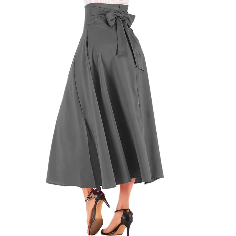 Aonibeier/юбка с широким поясом на молнии сзади; модная Однотонная юбка макси с высокой талией; юбка трапециевидной формы с двойным карманом на шнуровке - Цвет: Dark Grey