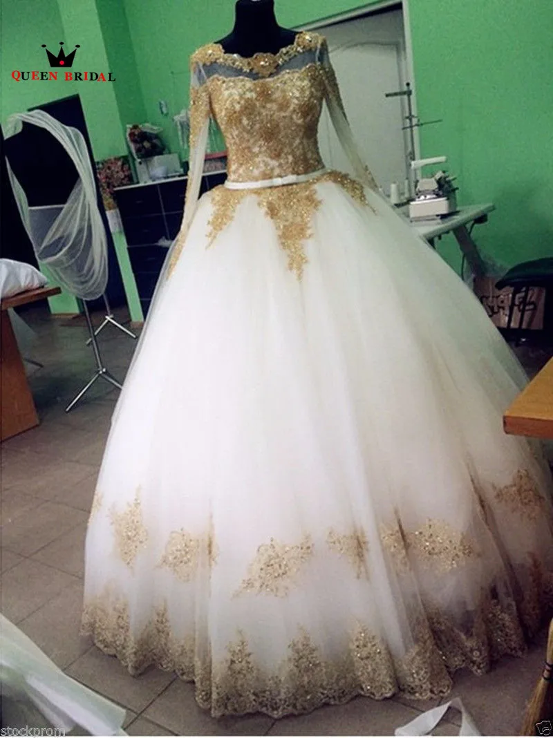 Индивидуальный размер, Золотое кружевное Пышное романтическое свадебное мусульманское платье принцессы, свадебное платье, свадебное платье, Новая мода LR48 - Цвет: Золотой