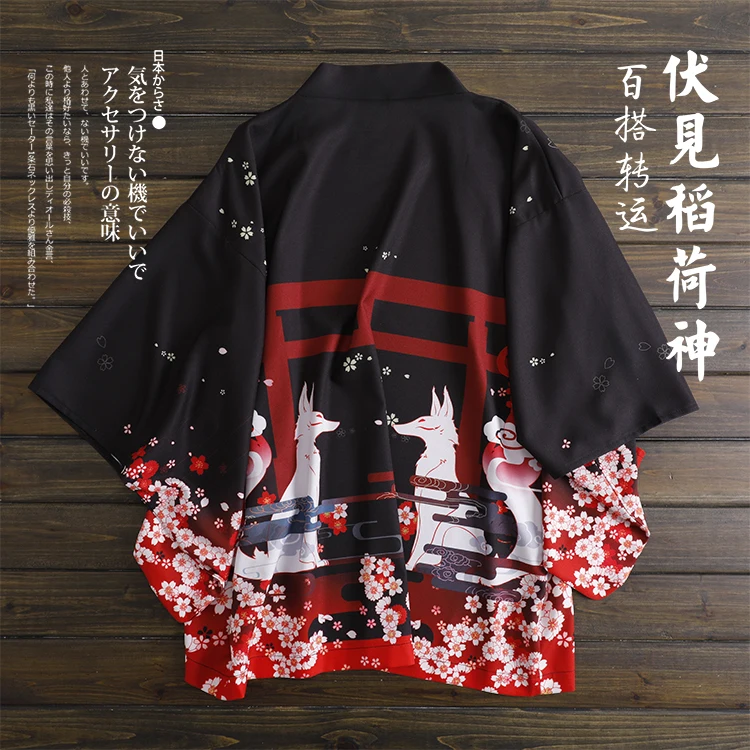 

Japanese loose bathrobe Fushimi Inari Patronus fox Dark Black color haori summer Sunscreen kimono Literature and art cosplay