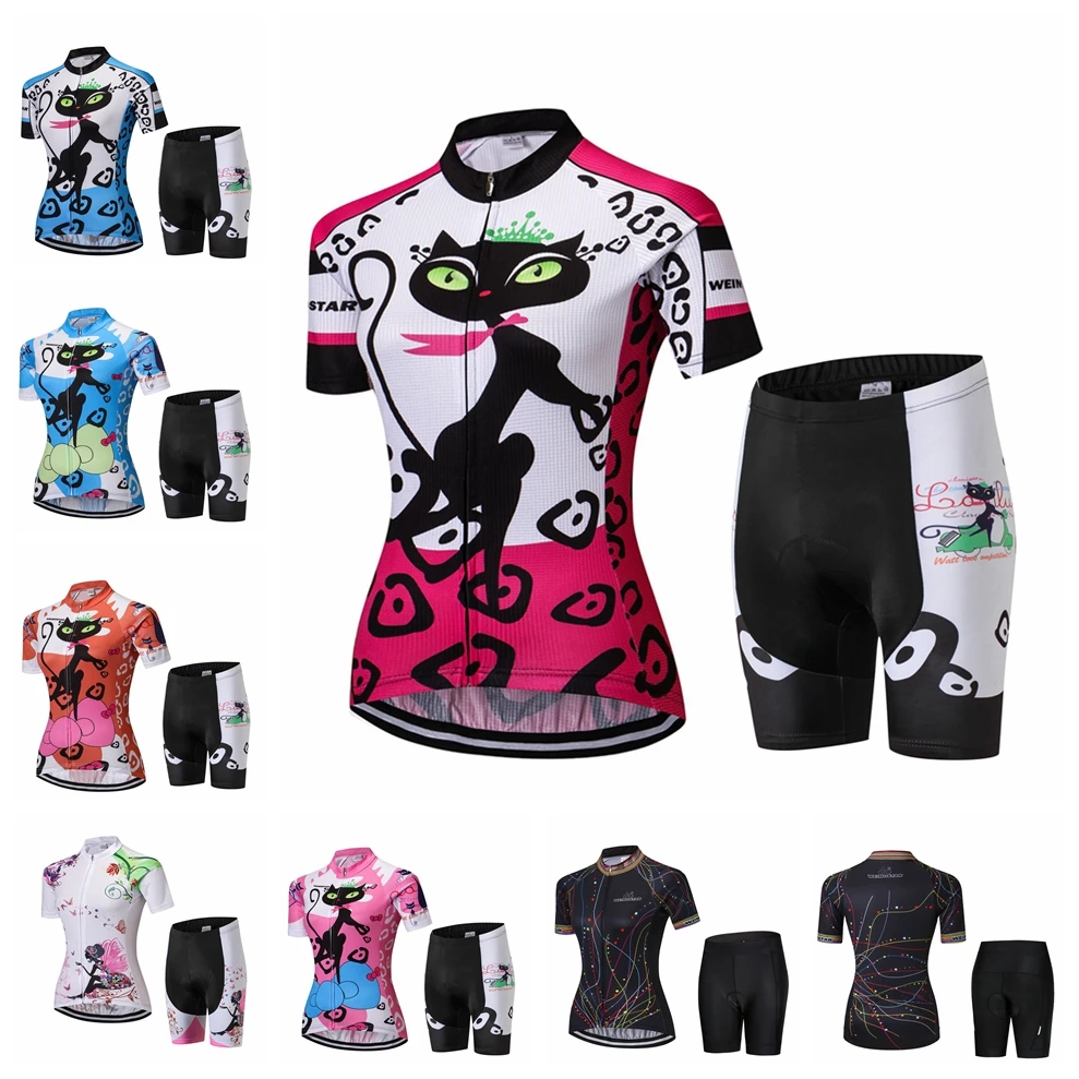 

Cats Cycling Jersey Set Women Bike Jersey Shorts suit Summer Mountain MTB Bicycle Clothes Maillot Ropa Ciclismo Top bottom red