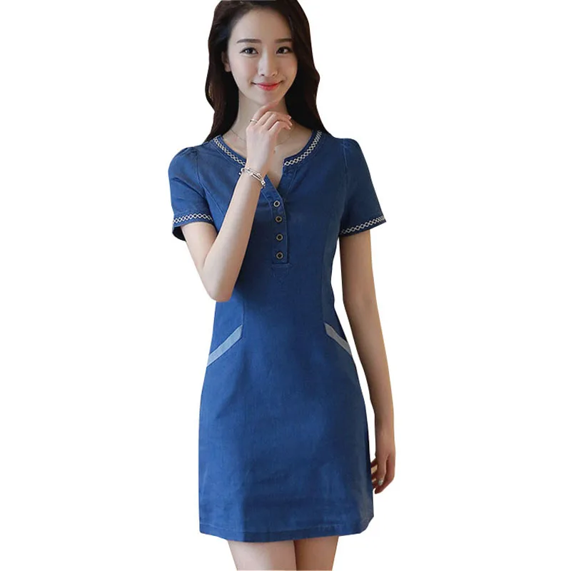 2017 Summer Woman Cowboy Dress Casual Blue V neck Short