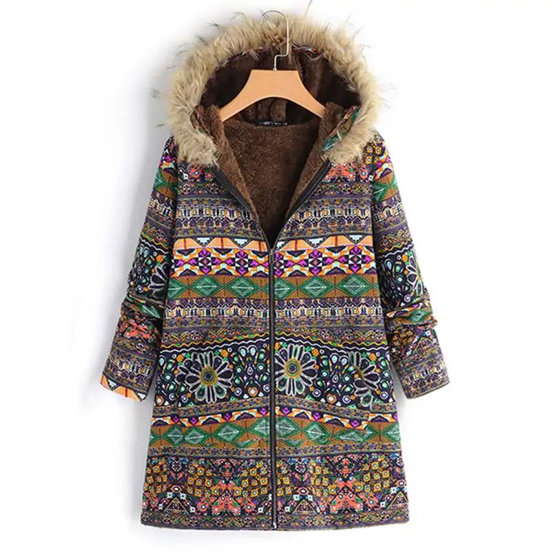 Women's jackets Winter Fleece Hooded Coat Ethnic Printed Faux Fur Outwear Female Casual Long Sleeve Coat Plus Size Overcoats 5XL - Цвет: Зеленый