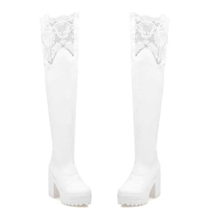 Пикантные белые Сапоги выше колена на шнуровке весенне-осенне-зимние женские сапоги для ночного клуба на Высоком толстом каблуке 34-43