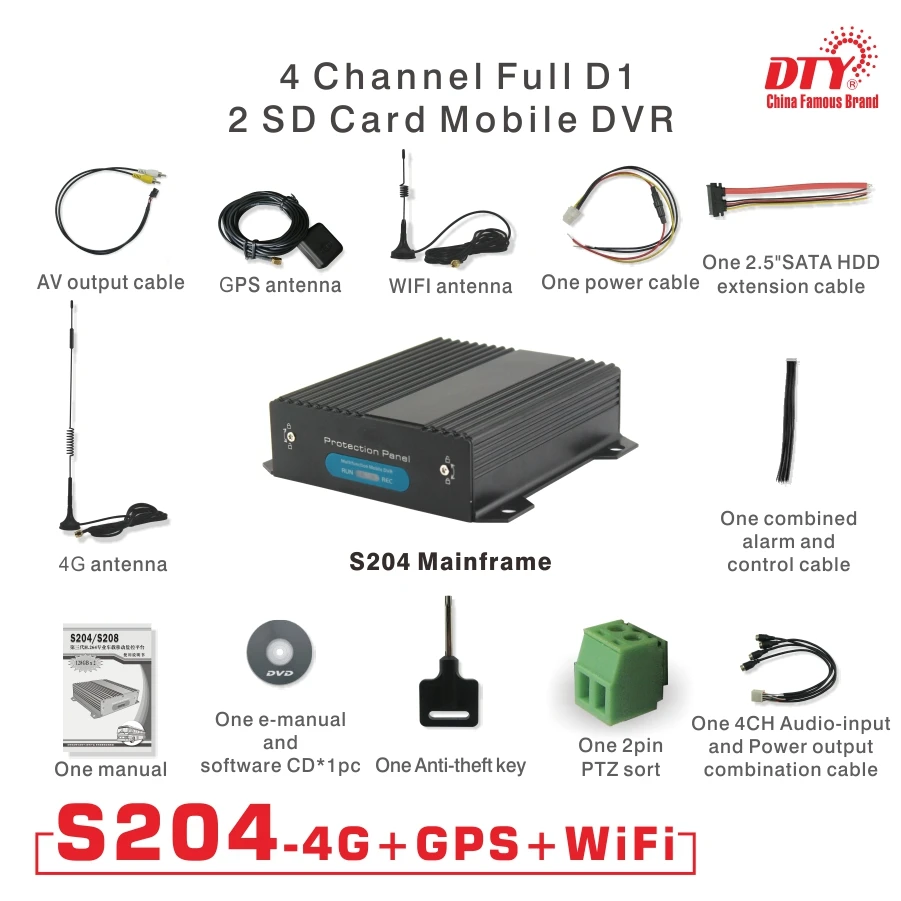 DTY S204 4GW (4 г + WiFi GPS) прочный 4ch H.264 Dual SD Card 4 GPS Wi Fi Мобильный видеорегистратор с