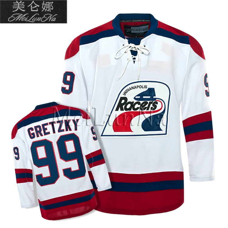 

MeiLunNa Customize WHA 1978 Indianapolis Racers Hockey Jerseys 99# Wayne Gretzky 18# 11# Mark Messie Blank White Blue SZ:XXS-6XL