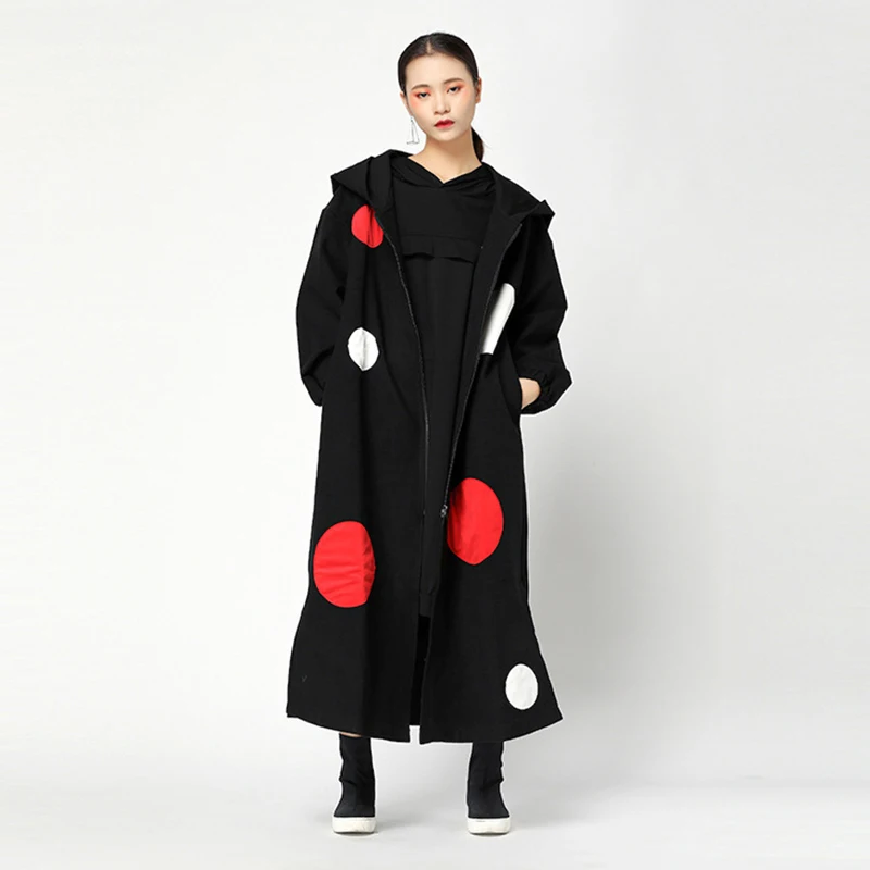 [EAM] Loose Fit Hooded Dot Printed Woolen Coat Parkas New Long Sleeve Big Size Women Fashion Tide Autumn Winter JY733