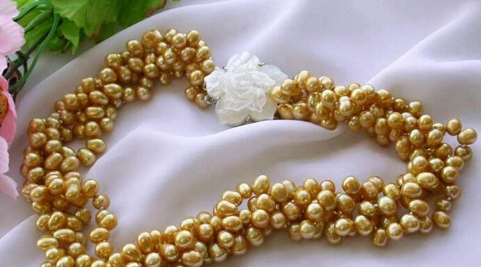 

Miss charm Jew.781 GREAT 4row 7mm yellow rice freshwater pearl necklace NEW