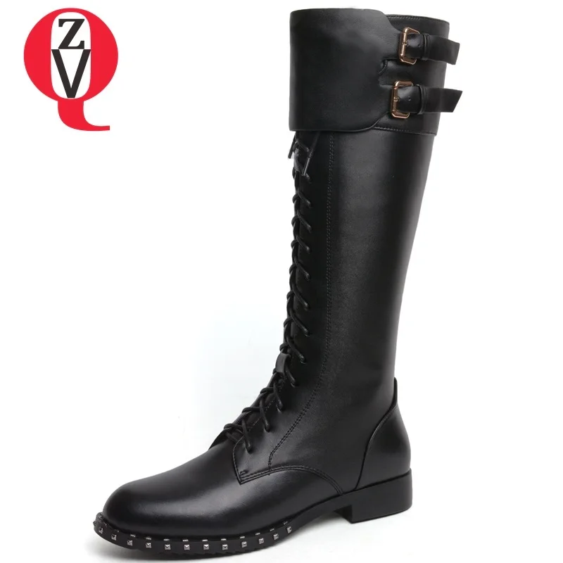 

ZVQ 2018 hot sale high quality genuine leather women shoes low square heel zip cross-tied round toe winter warm knee high boots