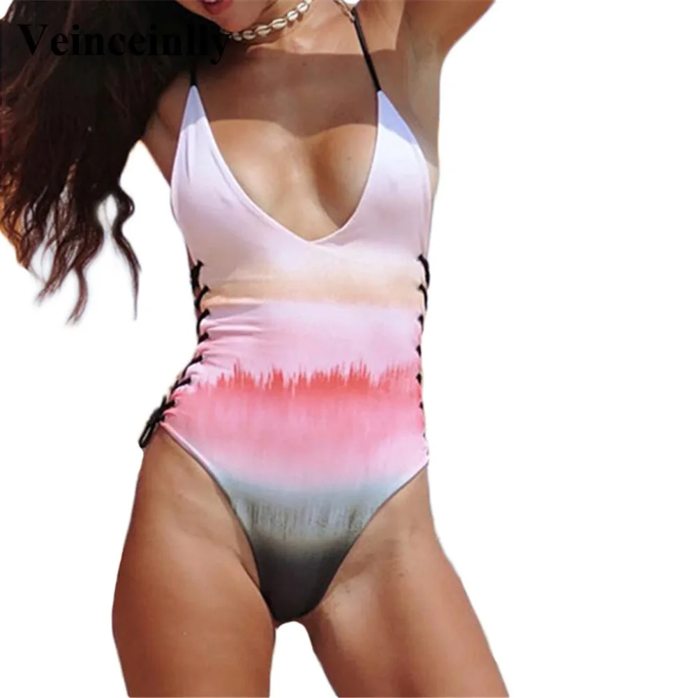 Sexy Lace Up One Piece Swimsuit Women Swimwear Female 2018 Bather V Neck Bathing Suit Swim Wear Colorful Monokini Lady Y1034 | Спорт и