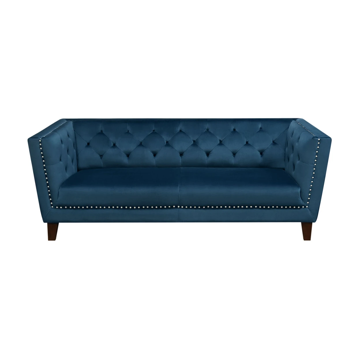 Diamond Grand Tufted Back Sofa with Nail Head Accent In Blue Velvet on