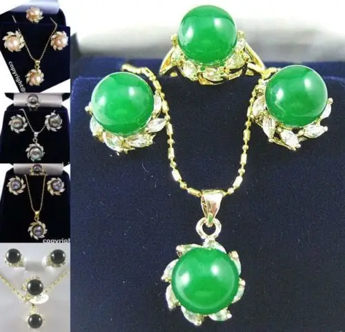 

j003333 5 color-nice pink/black pearl/agate/green jade 18KGP CZ earring pendant ring set can choose (C0405)