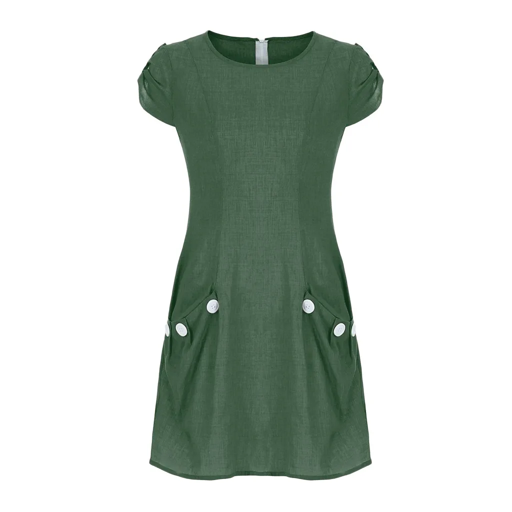 Женское повседневное льняное мини-платье с круглым вырезом, коротким рукавом, карманом и застежкой-молнией на спине, женское летнее платье