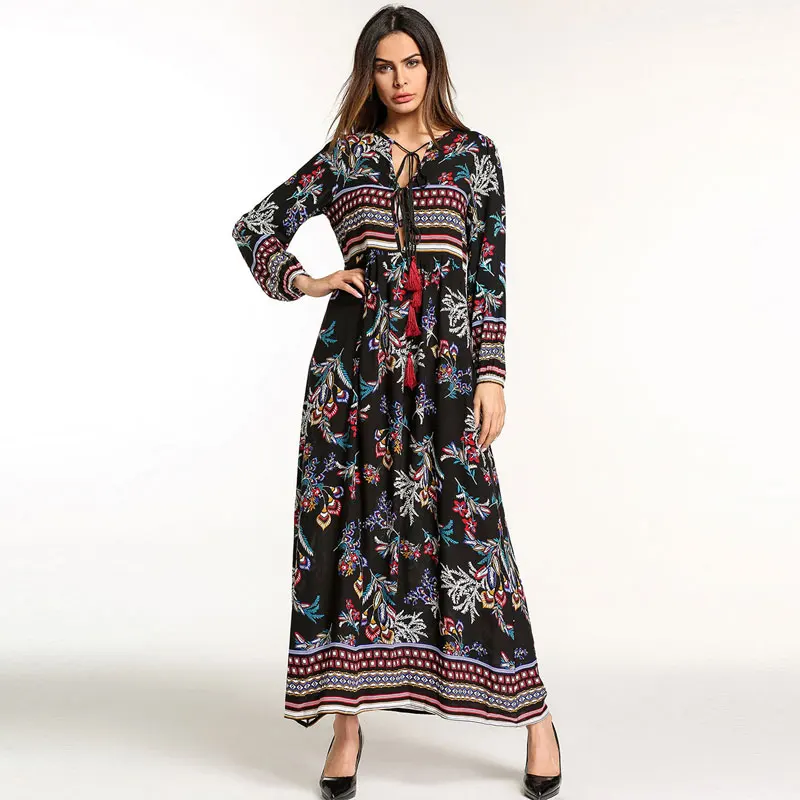 2018 ethnic print floral long dress fall Urban casual Maxi Dresses for