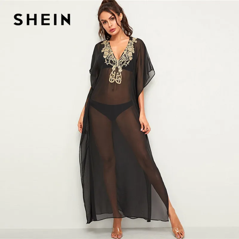 

SHEIN Embroidered Applique Sheer Cover Up Without Lingerie Set Women Clothes 2019 Summer Sexy Long Kimono Black Ladies Tops