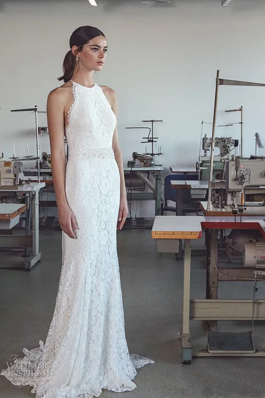 

Vintage 2019 Lihi Hod Mermaid Wedding Dresses with Halter Neck Sweep Train Fully Classy Elegant Lace Trumpet Beach Bridal Gowns