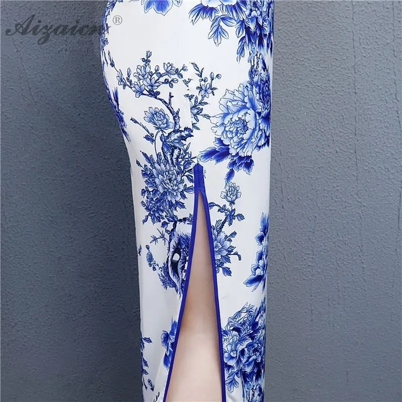Весна Осень Новые Длинные Cheongsam современный Синий Белый Тонкий Платья Восточный стиль печати Qi Pao китайское традиционное платье женщины