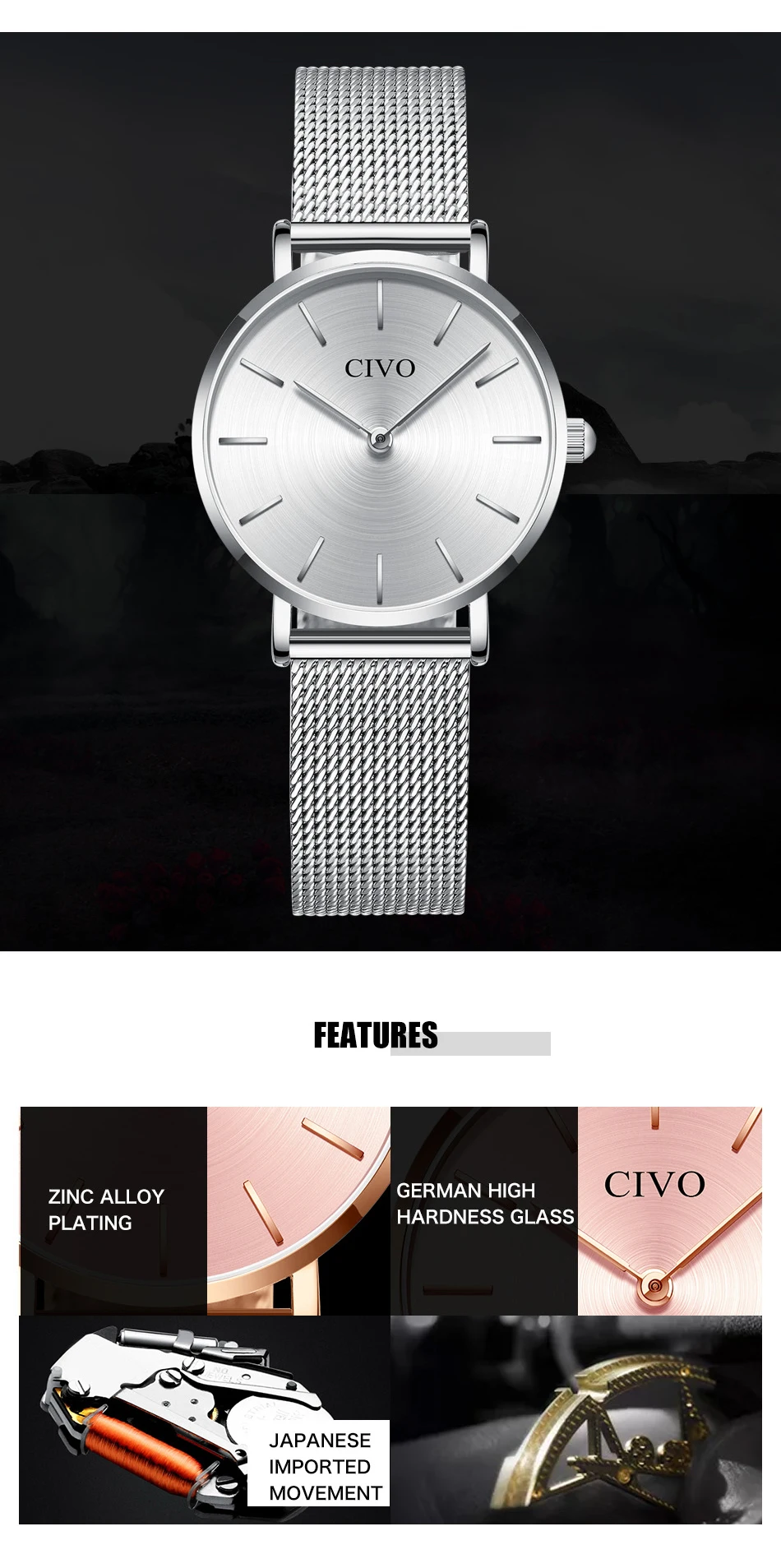CIVO, Роскошные ультра тонкие женские часы, женские водонепроницаемые часы из розового золота со стальной сеткой, простые кварцевые часы-браслет, часы для женщин