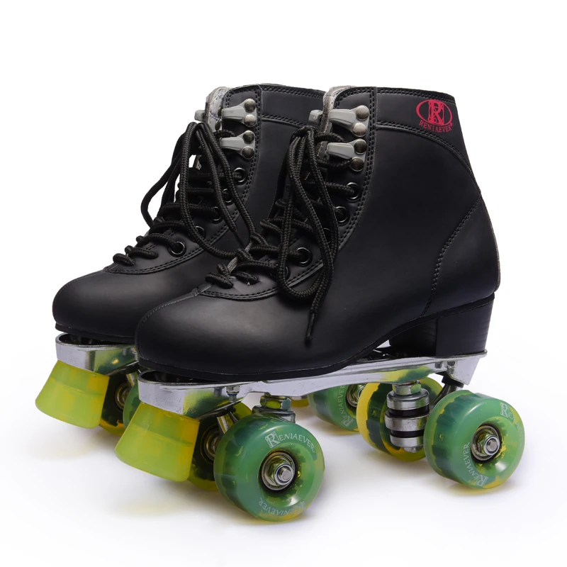 زلاجات دوارة 4 عجلات مزدوجة خط أحذية التزلج معدن من خليط الألومنيوم الهيكل حذاء أسود الأخضر فلاش LED عجلات