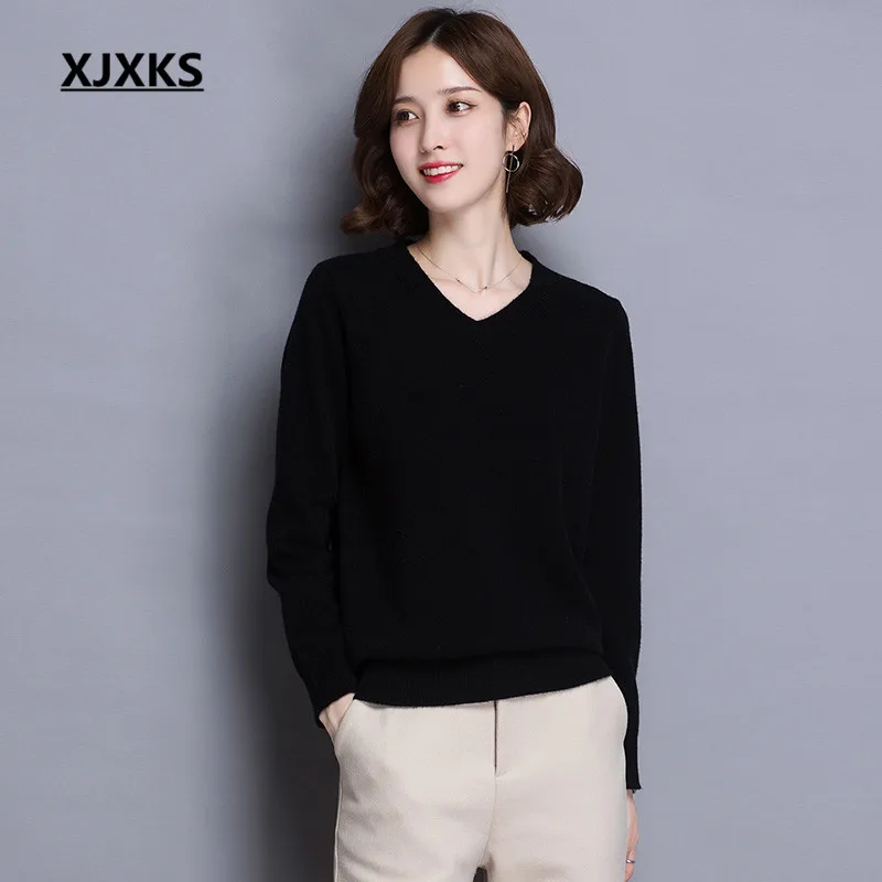 

XJXKS 100% pure wool women sweater 2018 autumn winter new fashion V-neck long-sleeved solid color wild women sweater pullover