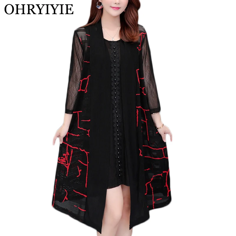 

OHRYIYIE Plus Size 5XL Hollow Out Cardigan Sweater Women 2019 Spring Summer Loose Printed Knitted Sweater Female Thin Cloak Coat