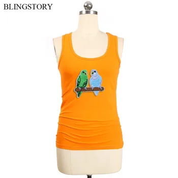

BLINGSTORY Female Summer Candy Color Cotton T-shirts Embroidery Bird Plus Size Sleeveless Tops Drop ship