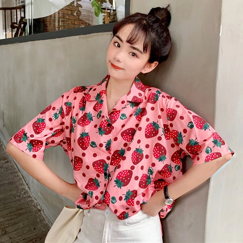 2019 New Women Blouses Holiday Casual Short Sleeve Tops Ladies Strawberry Printed Shirt Korean Summer Fashion Women Clothing - 33036611931