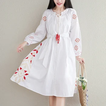 

2019 Floral Embroidered Ethnic Dress Cotton Linen Lantern Long Sleeve Maxi Dress Black Blue White Loose Long Dress Women