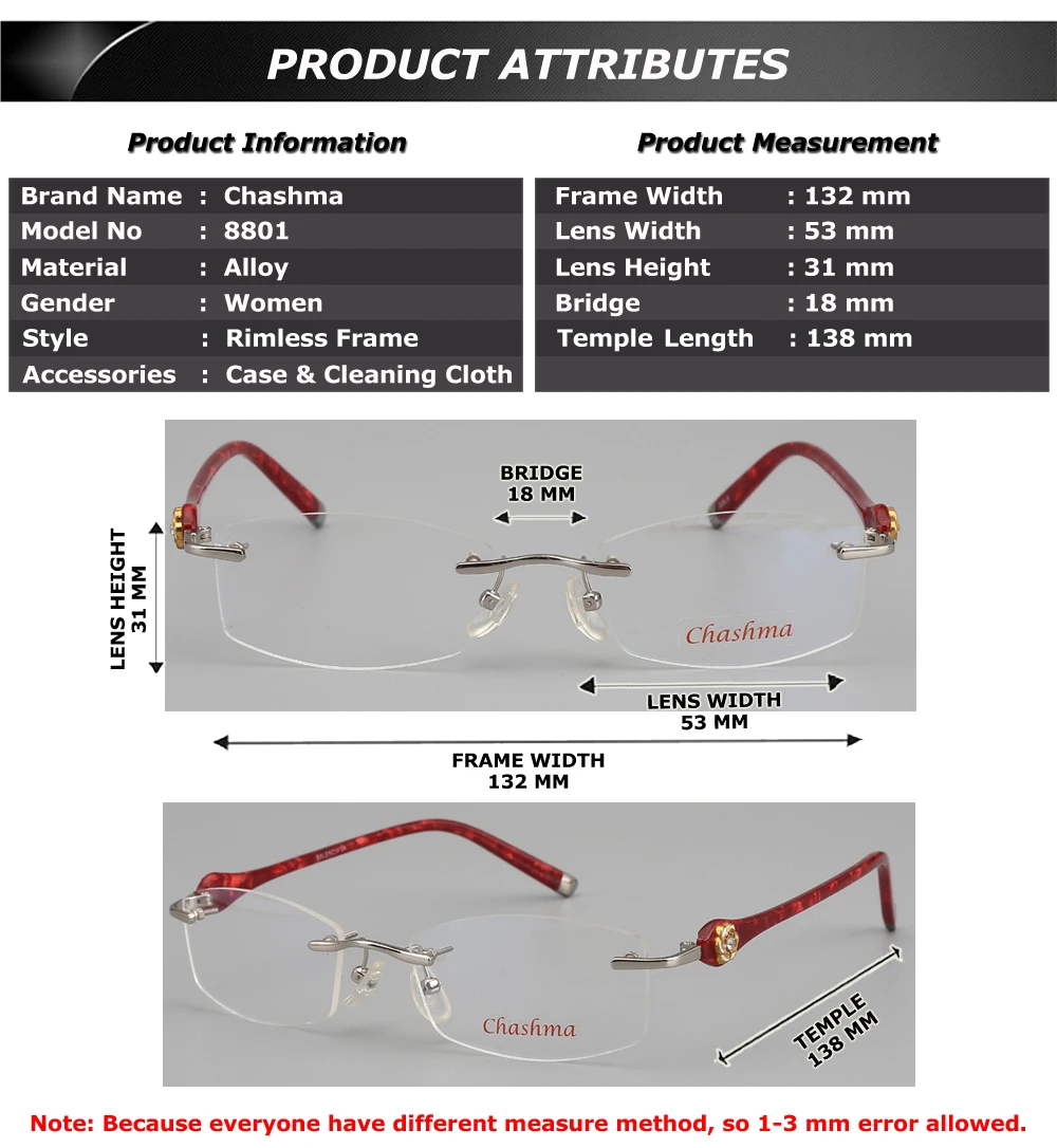 Chashma, фирменный дизайн, ультра-светильник, очки без оправы, женские очки по рецепту, качественные титановые оправы для женщин