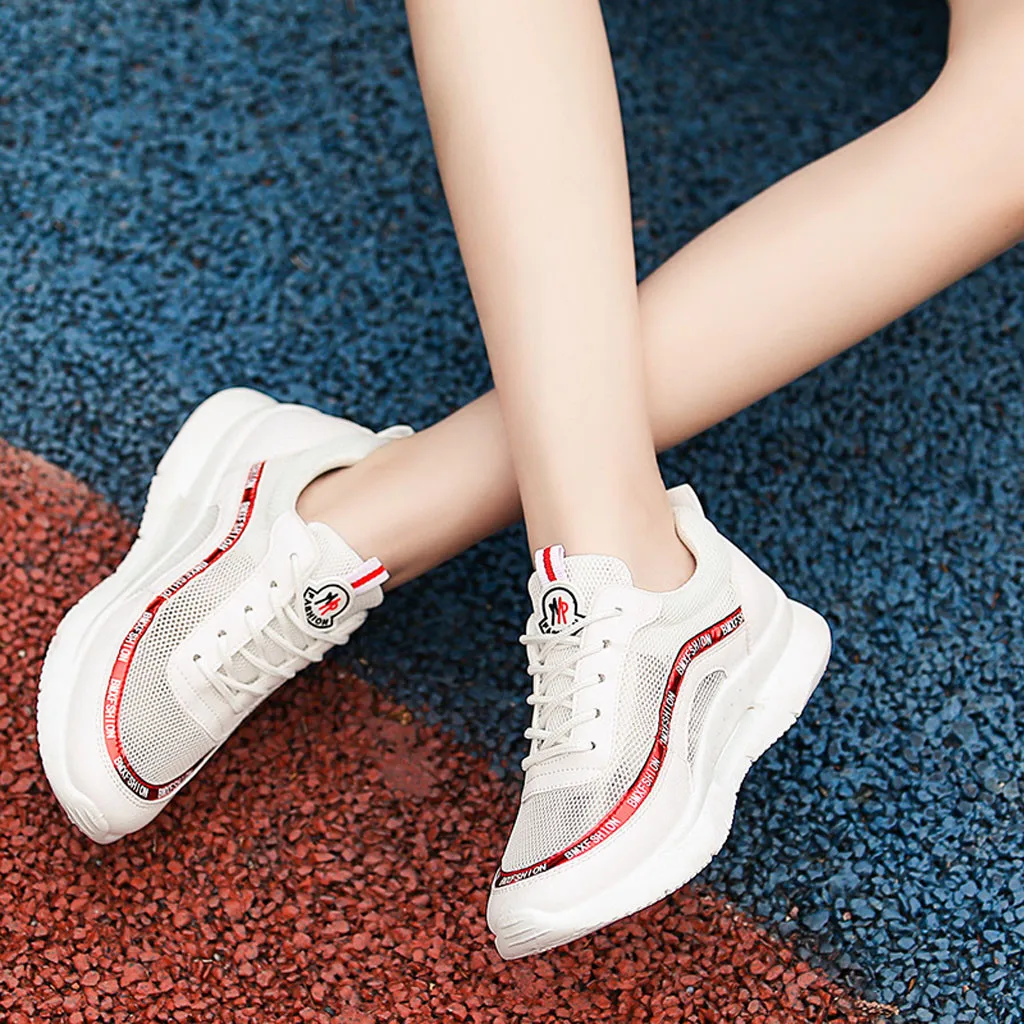 

2019 Mesh Running Shoes For Women Mixed Colors Breathable Light Weight Lace Up Thick Bottom Comfortable Wedges Walking Sneakers