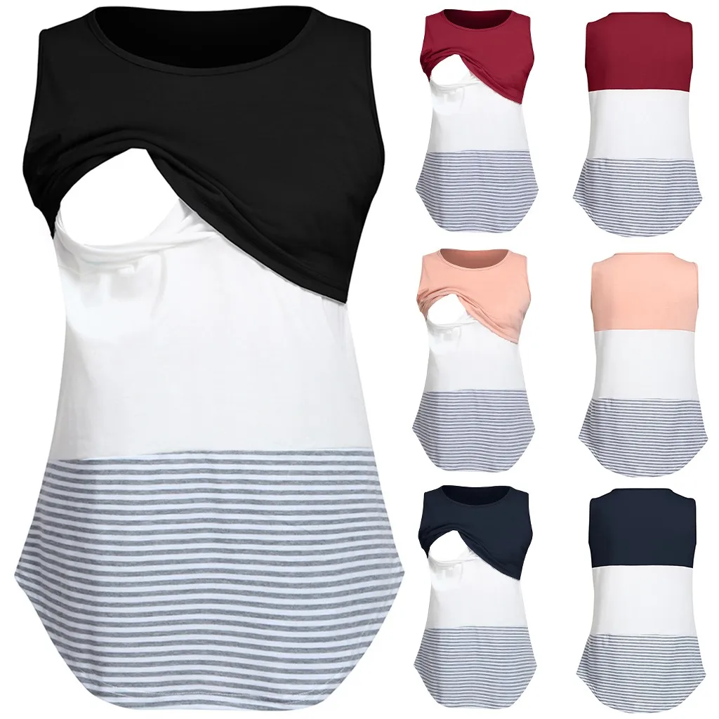 

Women Mom Pregnant Nursing shirt Baby Maternity Sleeveless Striped Blouse Clothes Maternity T-shirt pijama lactancia