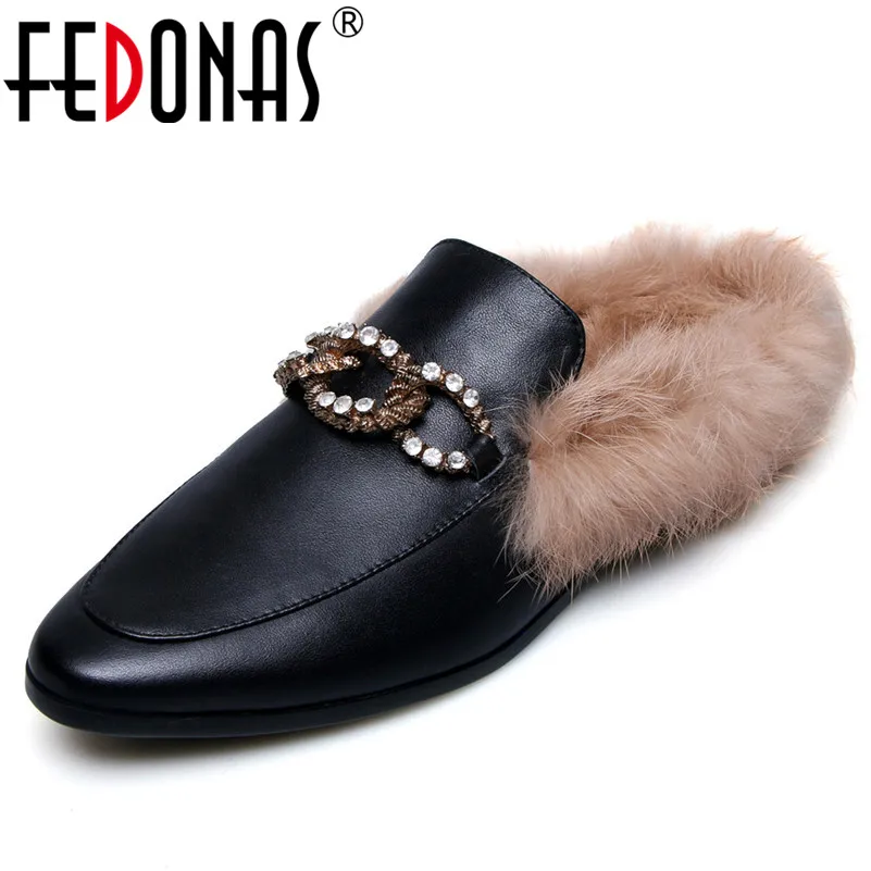 

FEDONAS Elegant Brand Women Slingbacks Pumps Genuine Leather Rhinestone Wedding Party Shoes Woman Warm Fur Autumn Winter Pumps
