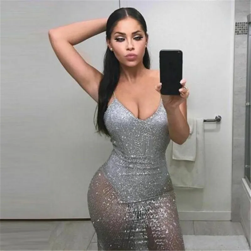

Women's Sexy Prom Sequin V-neck Sling Open Back Dress Two-layer Thin Skinny High Waist Slim Shiny Tulle Dress Sizes S-XL