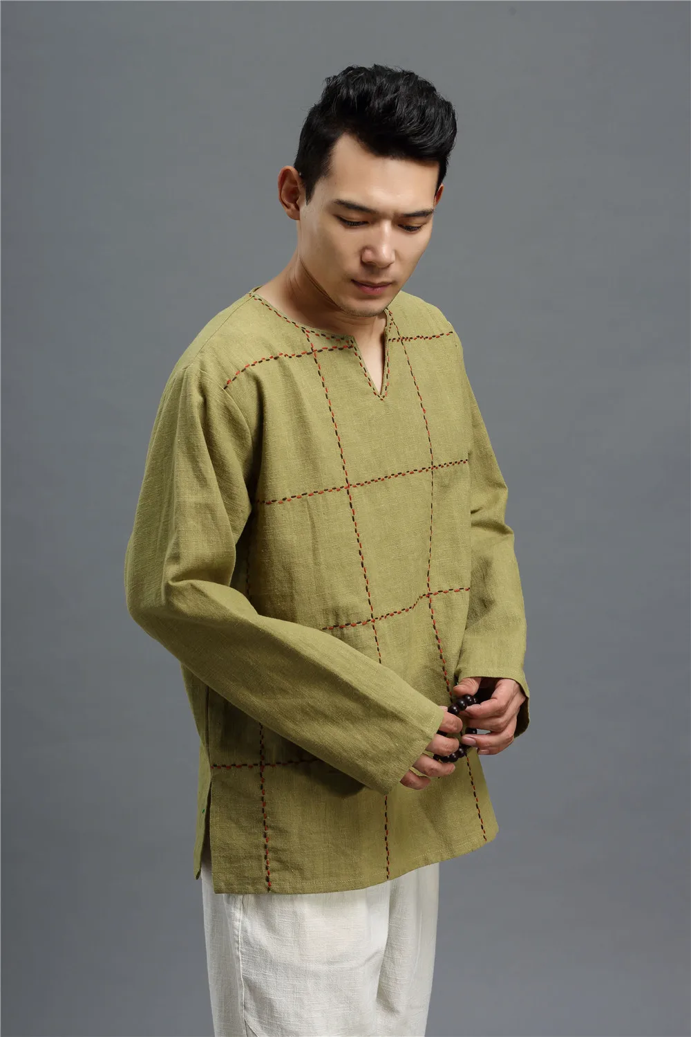 Осень народном стиле 4 вида цветов Мужская рубашка Мода литературный вышивка V воротник чистое белье мужские рубашки рубашка