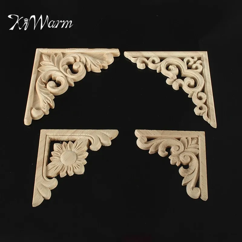 

KiWarm Simple Vintage Wood Carved Decal Corner Onlay Applique Frame Furniture Wall Unpainted For Home Cabinet Door Decor Craft