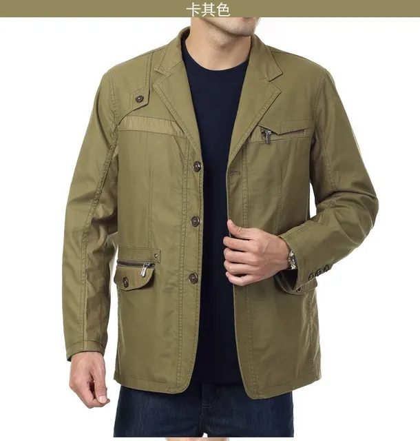 Spring Fall Casual Mens Khaki Army Green Patchwork Blazer Coat For Man , Male XXL Business