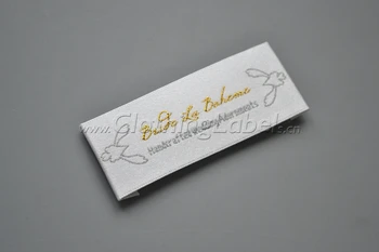 

Custom end folded shiny white satin woven label, grey and gold logo, wedding dress labels