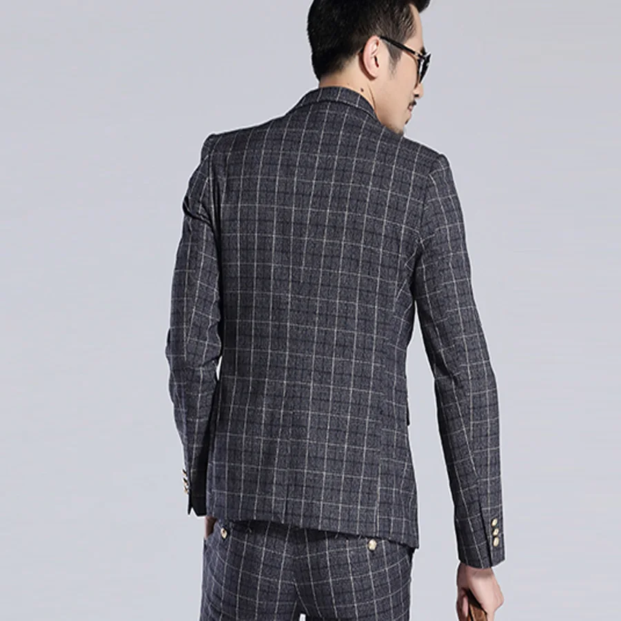 Grey Plaid Striped Blazer Men Business Style Suit Wedding Suit Groom Tuxedos Slim Fit for Men 3 Pieces (Jacket+Vest+Pants) New