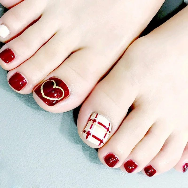 

22Pcs Fashion Toe Fake Nails Cartoon Face Press On Foot Tips Deep Pink Black And Yellow