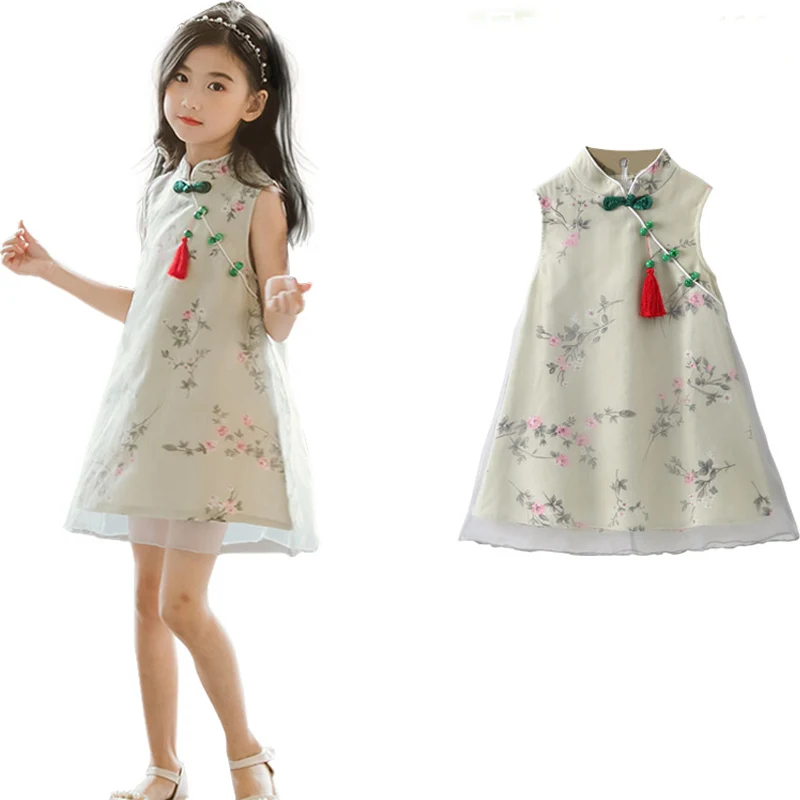 Летнее платье с цветочным узором для девочек, детское платье-футляр в китайском стиле, платье Ципао для девочек, Кружевное платье-пачка на
