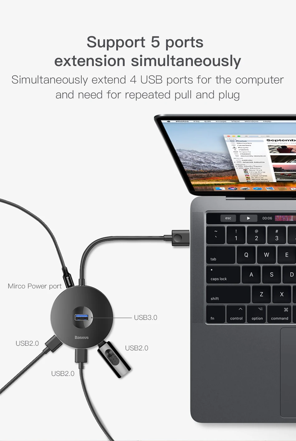 Baseus usb-хаб USB 3,0 USB C концентратор для MacBook Pro поверхностный концентратор USB Type C USB 2,0 адаптер с Micro USB для компьютера USB разветвитель