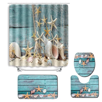 

4pcs/set Turtles Printed Pattern Shower Curtain Pedestal Rug Lid Toilet Cover Mat Bath Mat Set Bathroom Curtains with 12 Hooks